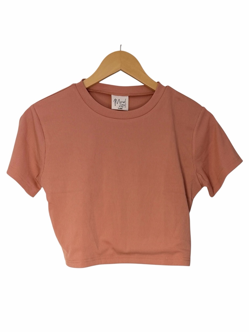 Mood Women’s Size XL Salmon Pink Ribbed Fitted Crop Top Short Sleeve Baby Tee